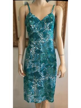 Rare Vtg Hollywood Vassarette Blue Abstract Floral Nylon Full Slip Dress sz S